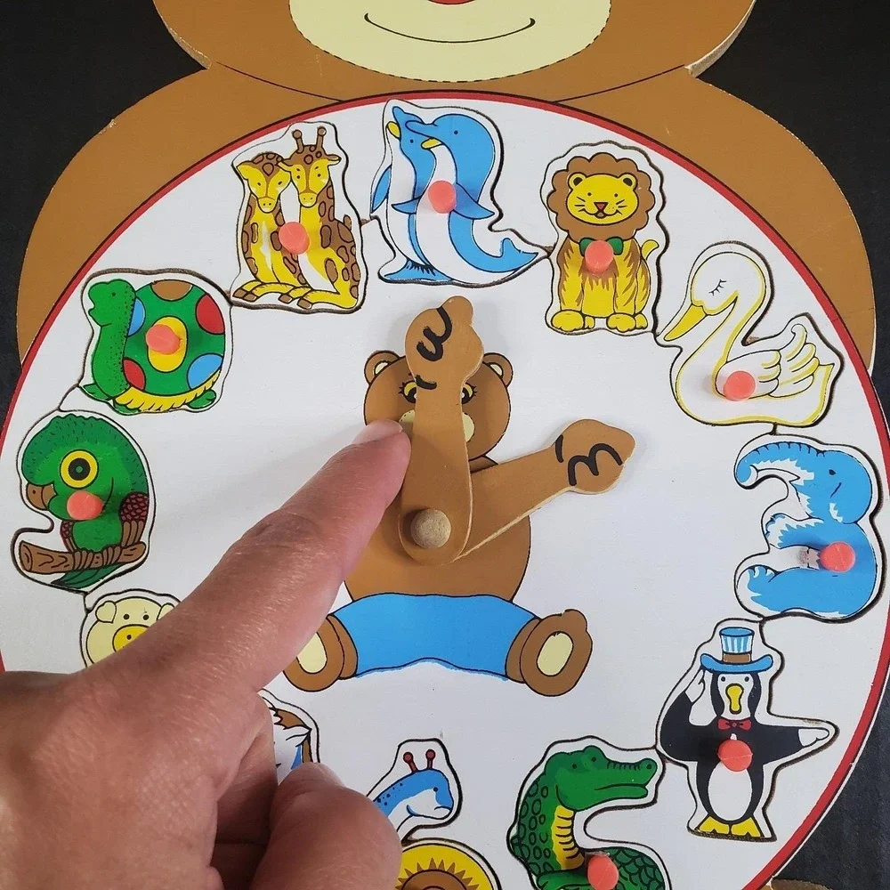 Vintage Wooden Teddy Bear Puzzle Removable Animal Shaped Numbers, Movable Hands